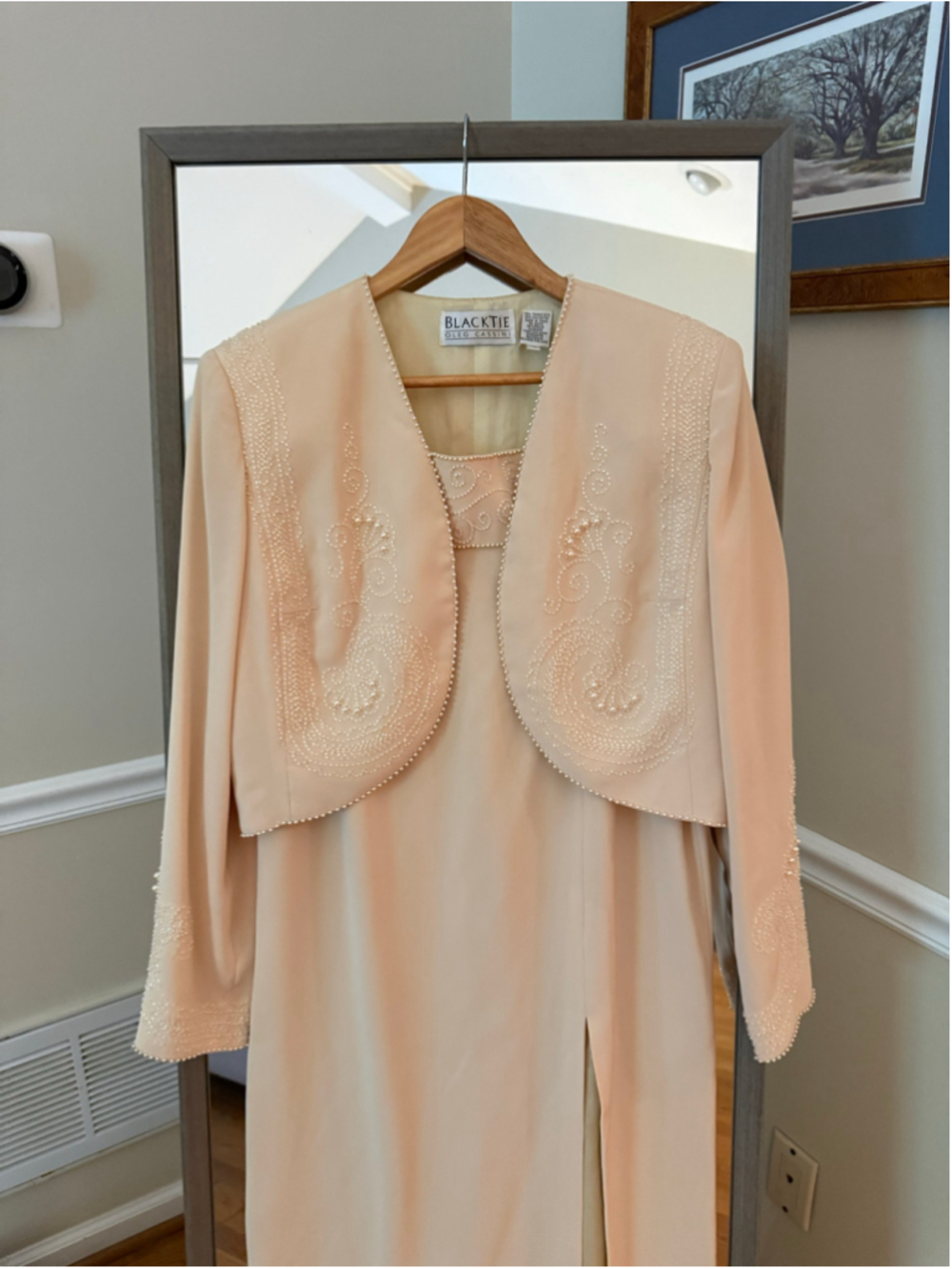 Women's Oleg Cassini Beaded Dress and Jacket Set, Beige, Size 10